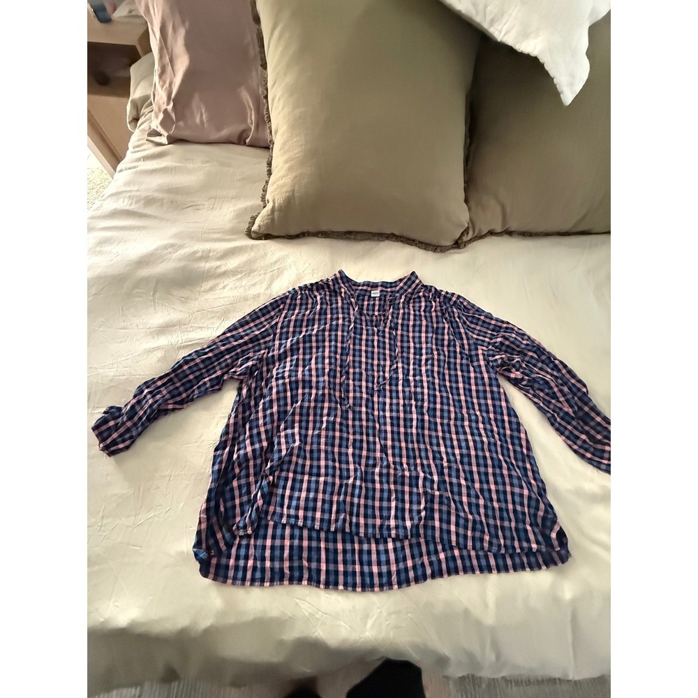 Old Navy Plaid Tunic Top‎ Womens Tie Neck Long Sleeve Blue Pink Casual